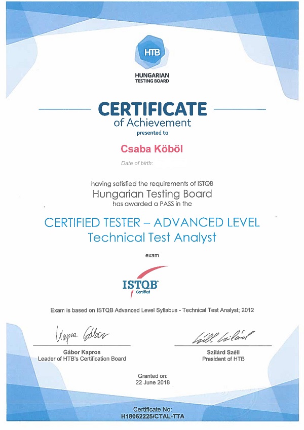 Csaba Kobol - Advanced level certificate